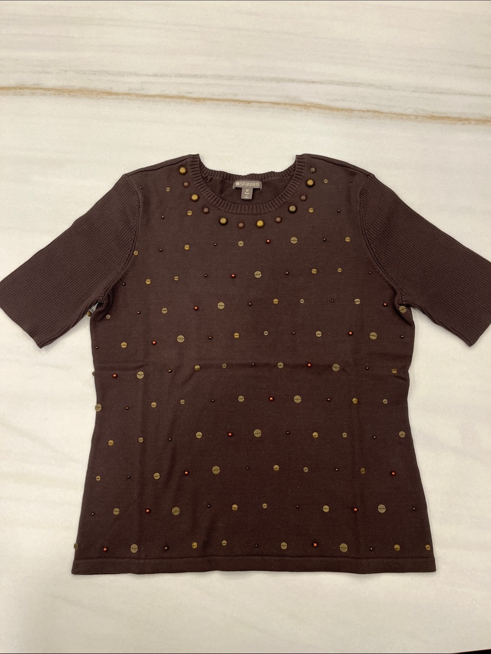 SPANNER Brown Short-Sleeve Embellished Knit Top